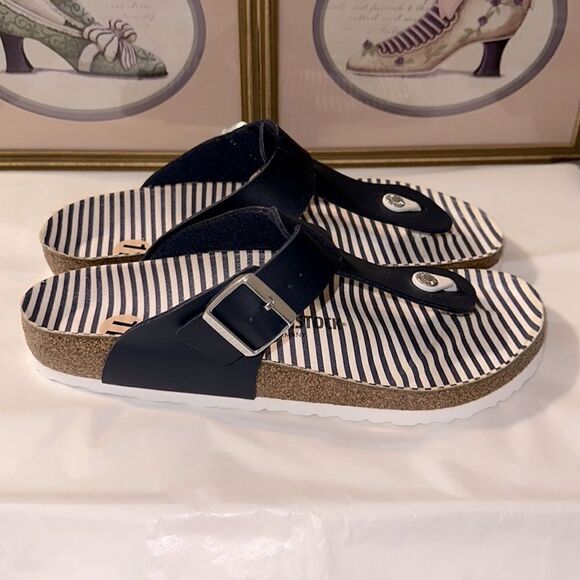Birkenstock 11 Gizeh Nautical Stripes Navy White Thong Buckle Sandals - Picture 2 of 9